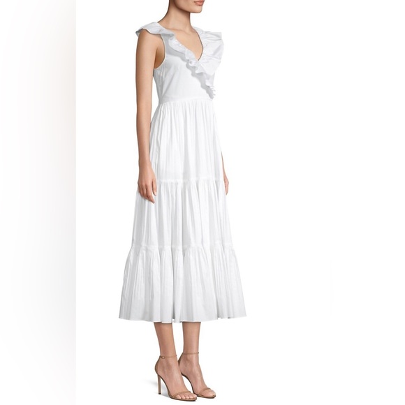 NWOT Kate Spade Poplin Ruffle V Neck Sleeveless Tiered Midi Dress White Size 12 - Picture 5 of 7